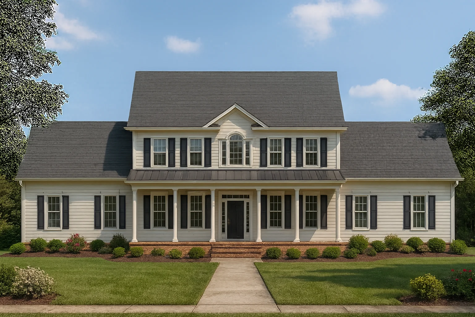 Front elevation of a Traditional Colonial style home with symmetrical façade, horizontal lap siding, black shutters, and covered front porch