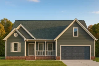 Front elevation of a Traditional Ranch style home featuring horizontal lap siding, brick skirting, gable rooflines, and a covered front porch