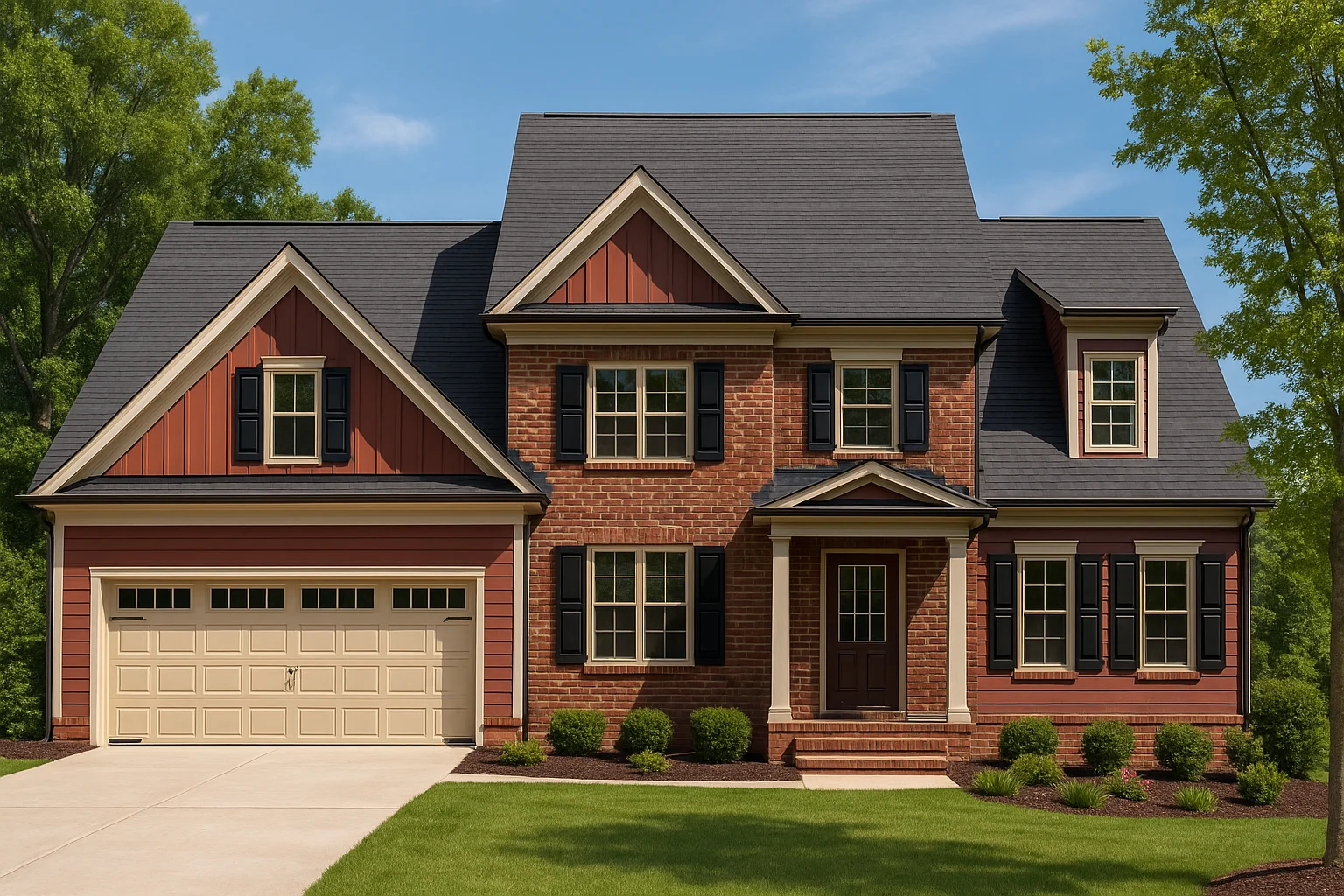 Front elevation of a traditional brick Colonial-style home with symmetrical facade, gabled rooflines, shutters, and attached garage