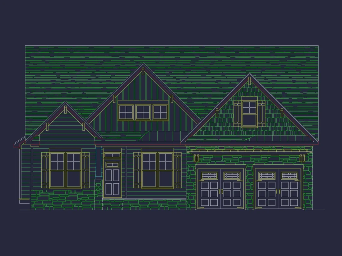 Craftsman Home Floor Plan with 1.5 Stories and Detailed CAD Designs