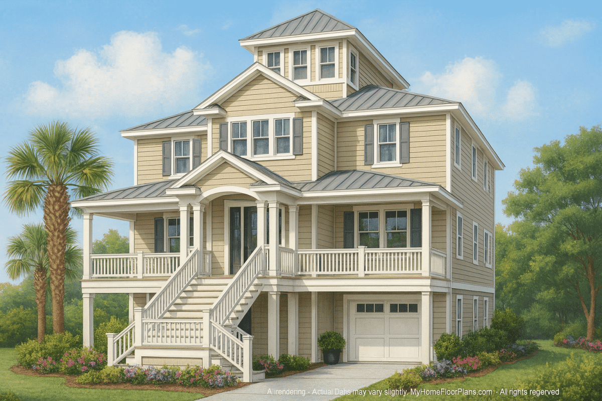 Modern Beach Home Plan with 3 Floors and CAD Designs