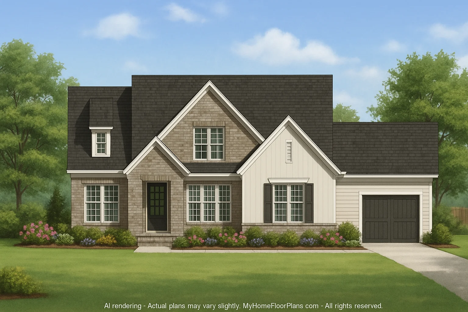 Front elevation of a New American Traditional style house featuring painted brick, horizontal siding, gabled rooflines, and an attached garage