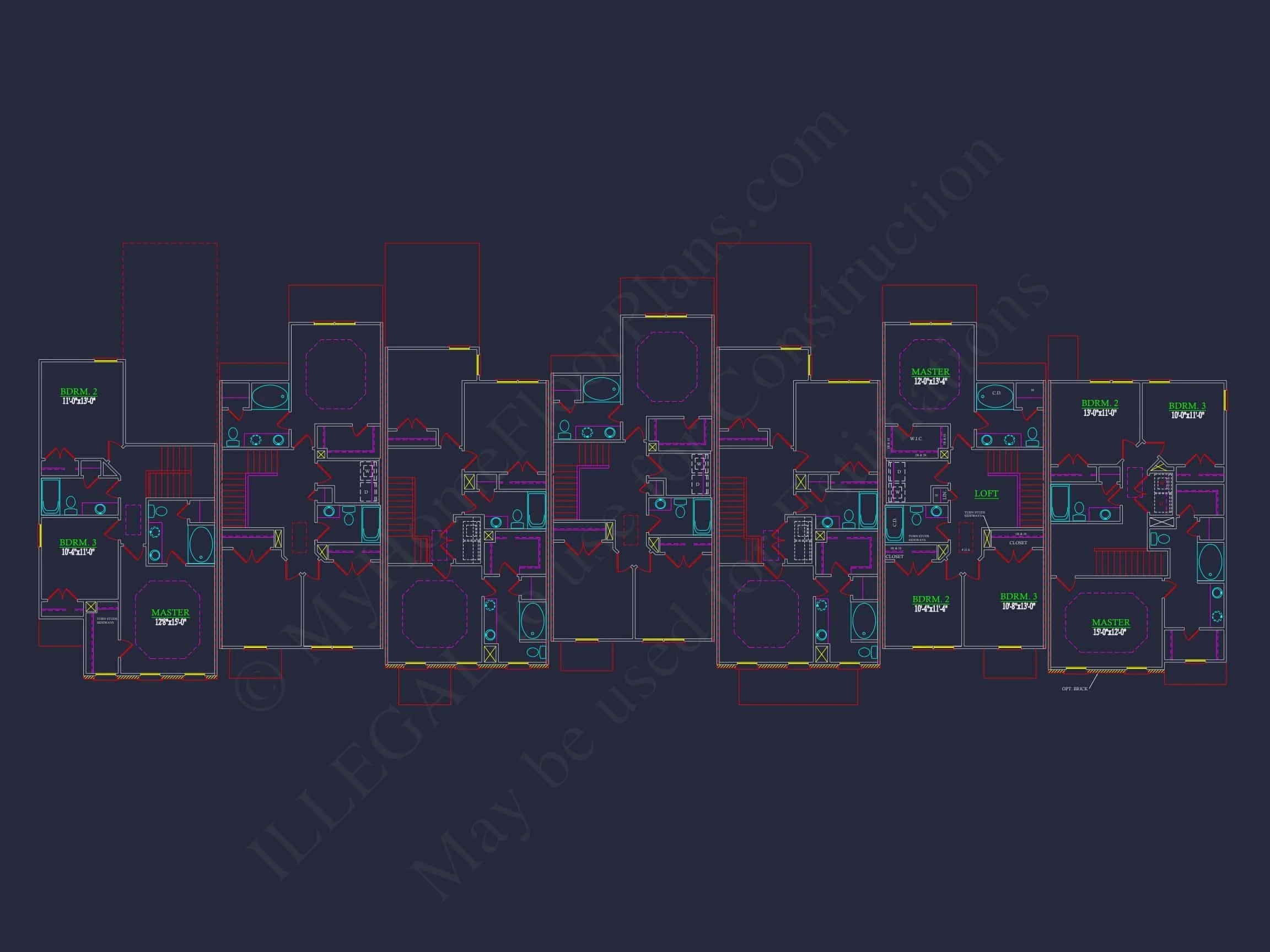 12-2220-4 7-UNIT TOWNHOUSE PLAN - Modern Townhouse Floor Plan - Detailed Architecture Designs 13 Modern 2-Story Townhome Floor Plan with Craftsman Design