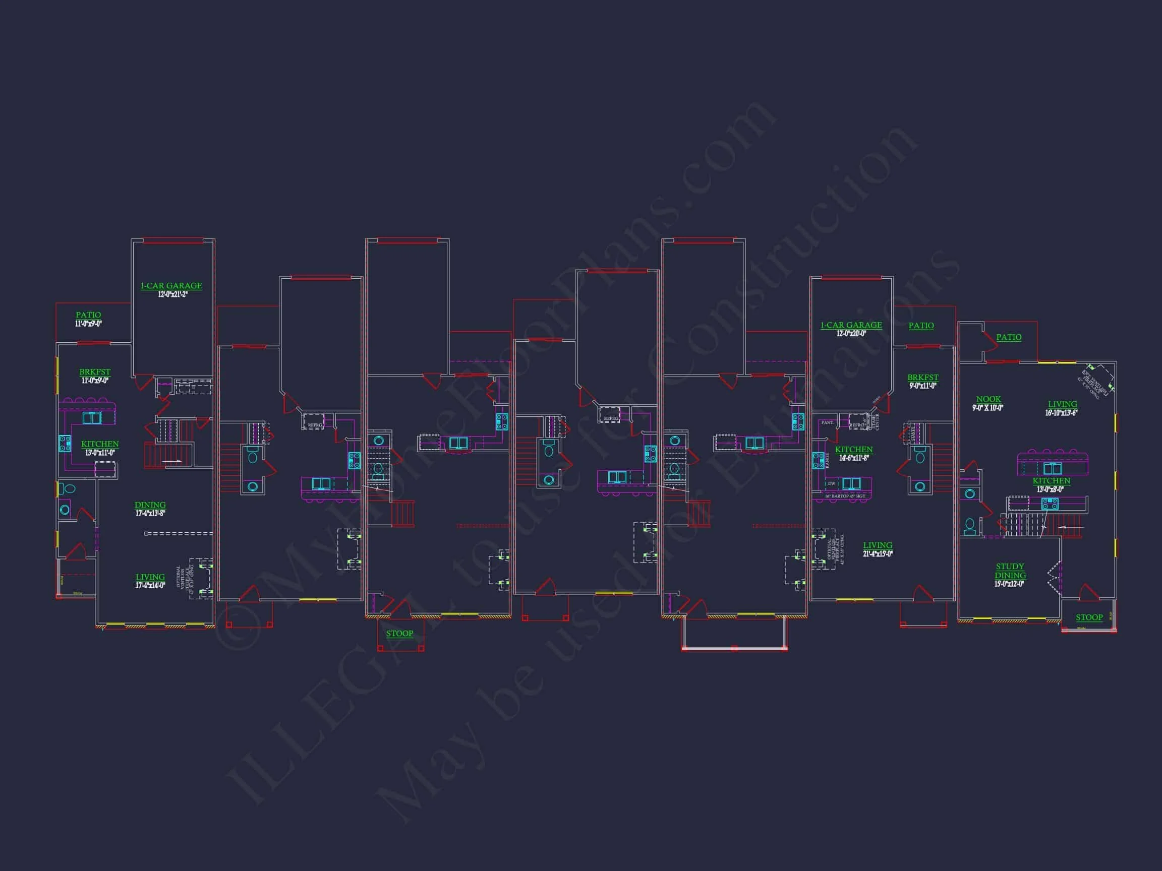 12-2220-4 7-UNIT TOWNHOUSE PLAN - Modern Townhouse Floor Plan - Detailed Architecture Designs 14 Modern 2-Story Townhome Floor Plan with Craftsman Design
