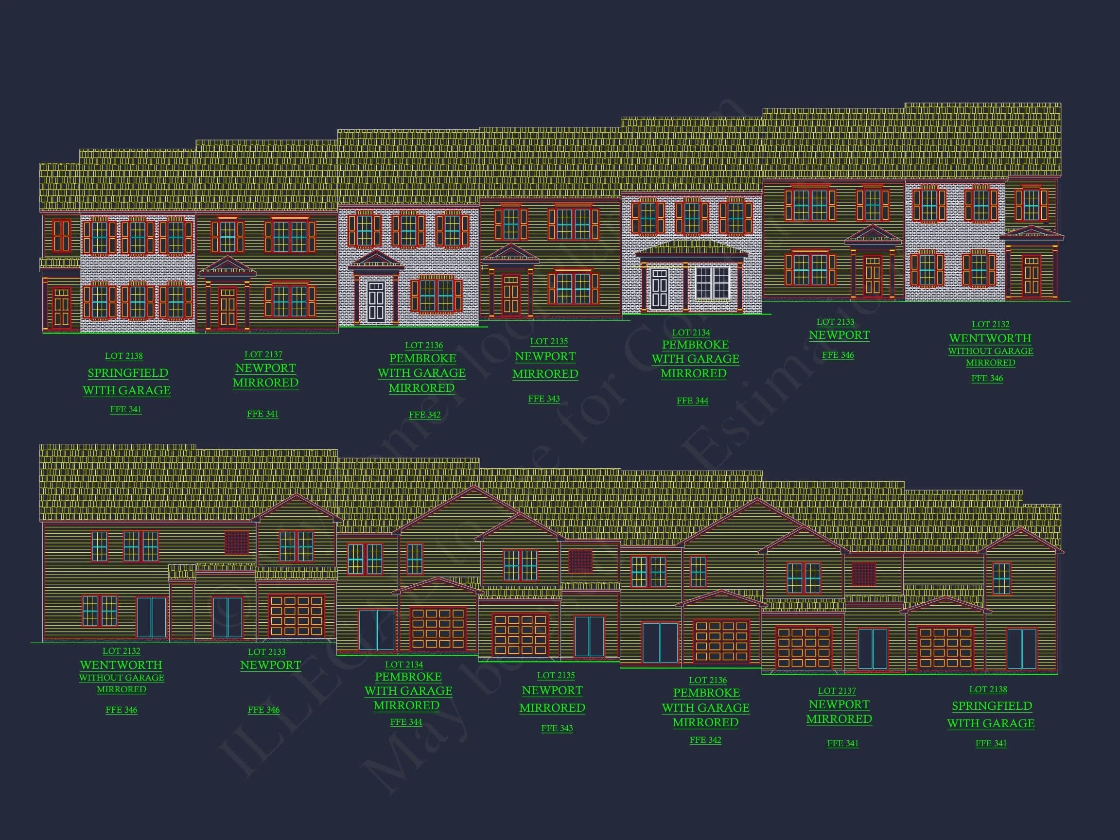 12-2220-4 7-UNIT TOWNHOUSE PLAN - Modern Townhouse Floor Plan - Detailed Architecture Designs 4 Modern 2-Story Townhome Floor Plan with Craftsman Design