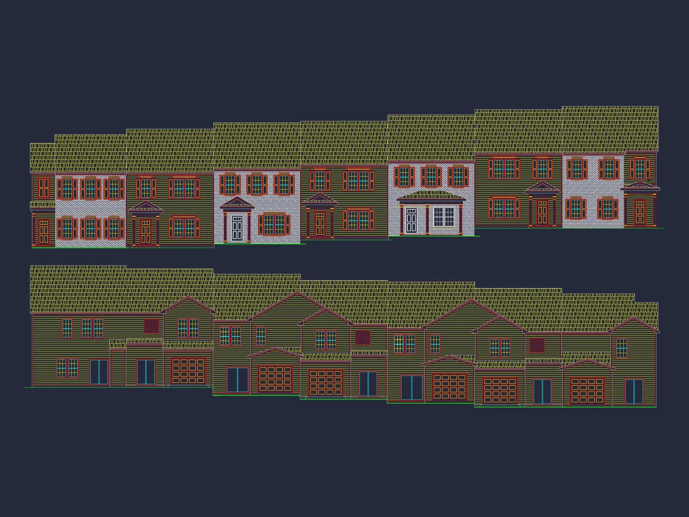 12-2220-4 7-UNIT TOWNHOUSE PLAN - Modern Townhouse Floor Plan - Detailed Architecture Designs 3 Modern 2-Story Townhome Floor Plan with Craftsman Design