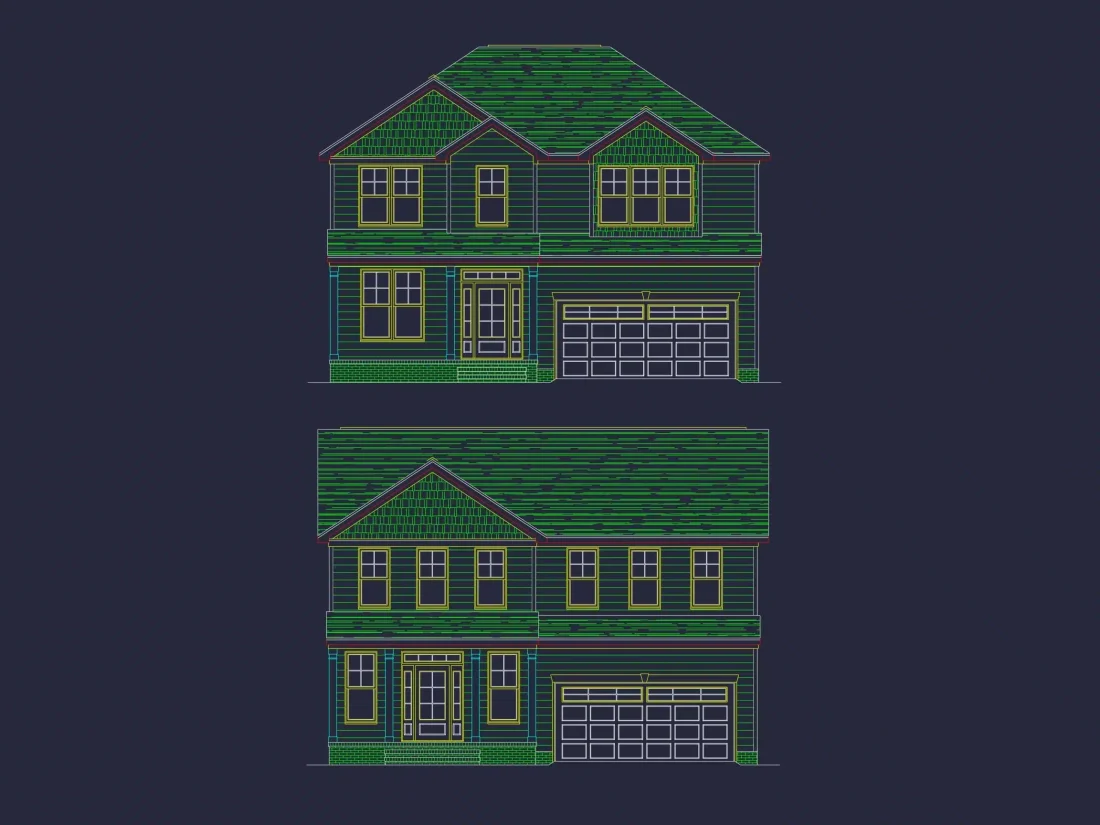 Modern Two-Story Home Plan with CAD Blueprint and Functional Layout