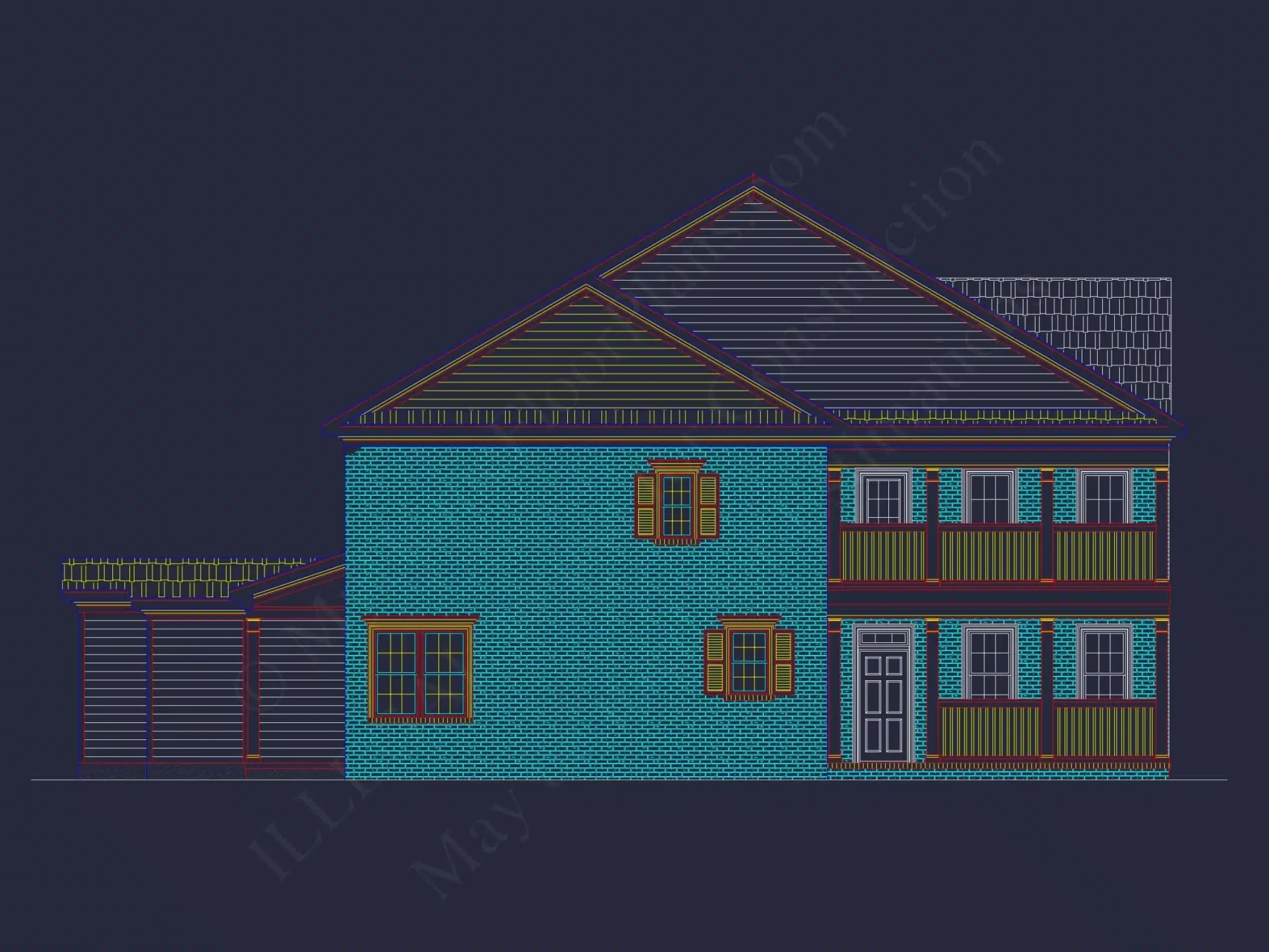5-Unit Colonial Revival Townhome Plan with Rear Entry Garage and CAD Designs
