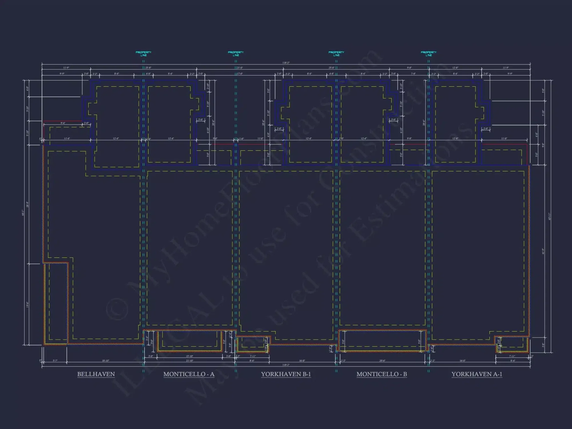 5-Unit Colonial Revival Townhome Plan with Rear Entry Garage and CAD Designs