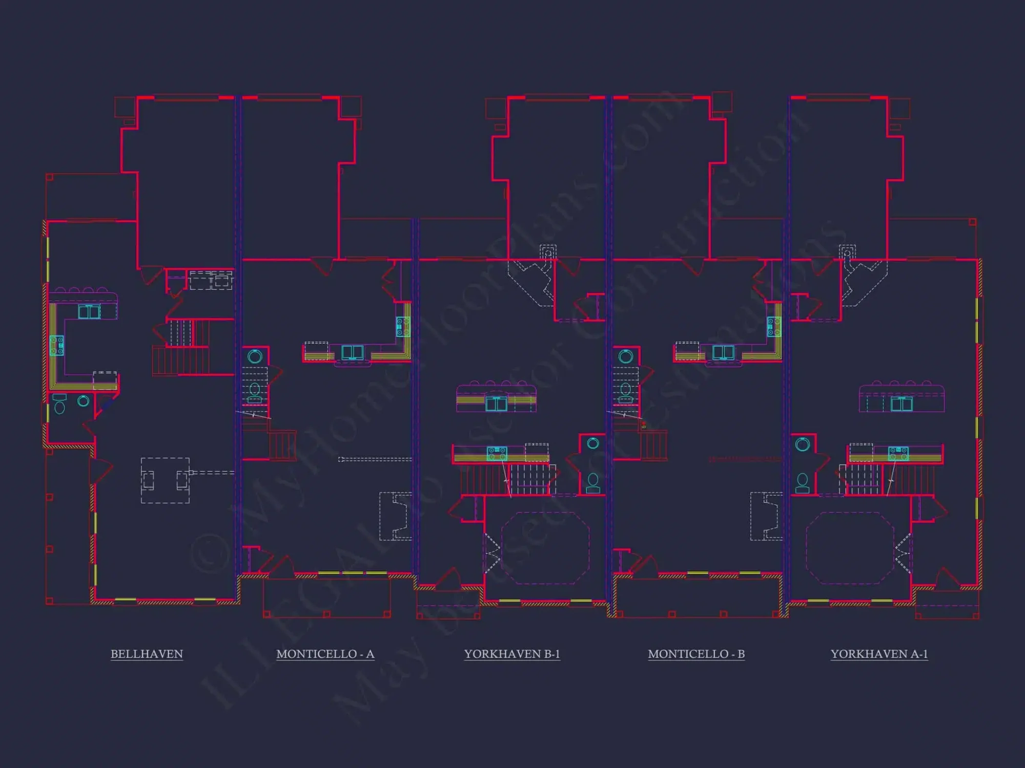 5-Unit Colonial Revival Townhome Plan with Rear Entry Garage and CAD Designs