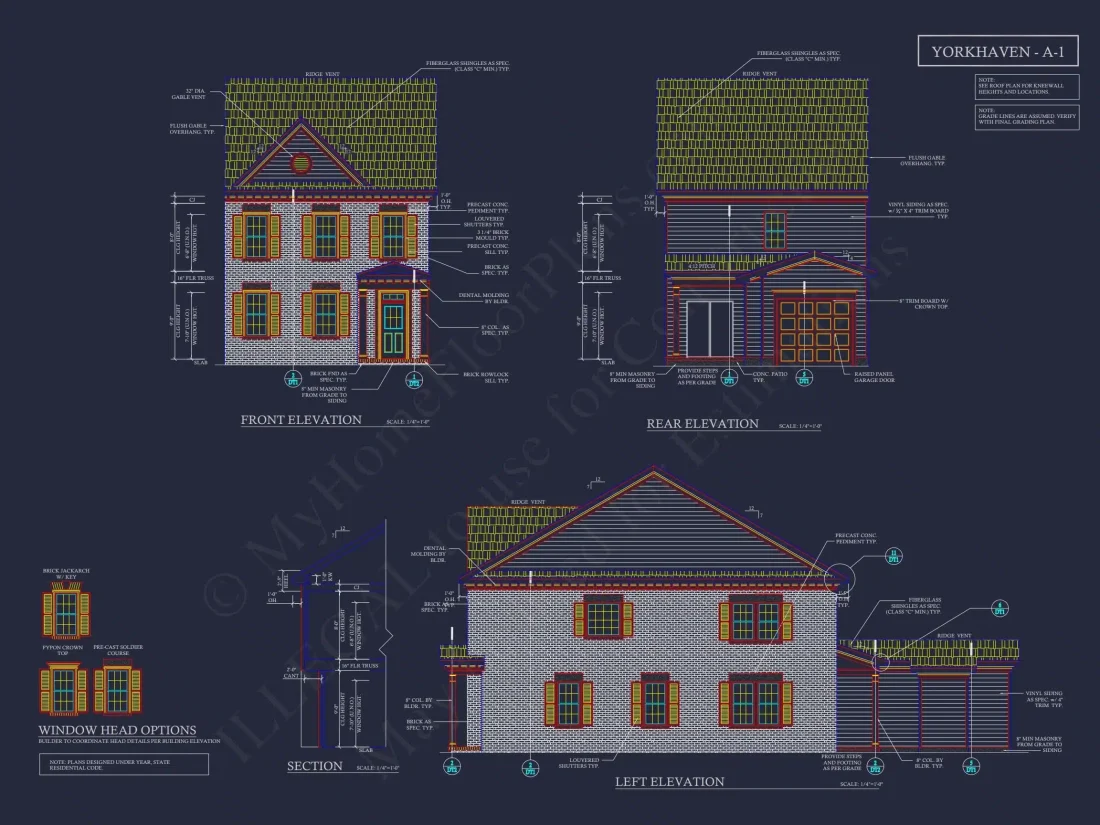 5-Unit Colonial Revival Townhome Plan with Rear Entry Garage and CAD Designs