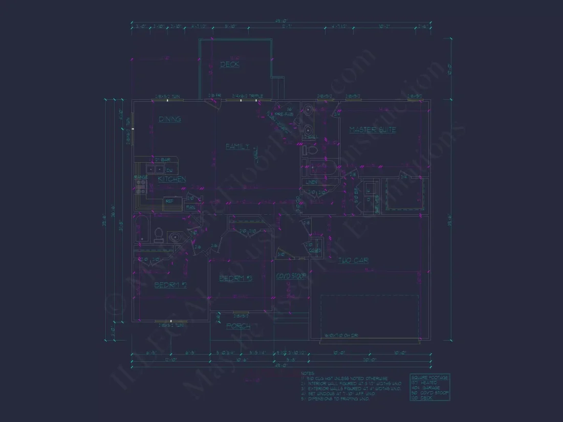 Ranch Home Floor Plan 3-Bed, 2-Bath CAD Designs
