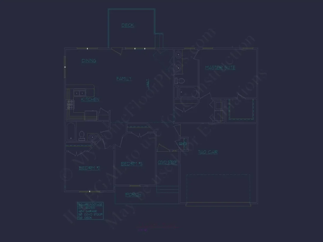Ranch Home Floor Plan 3-Bed, 2-Bath CAD Designs