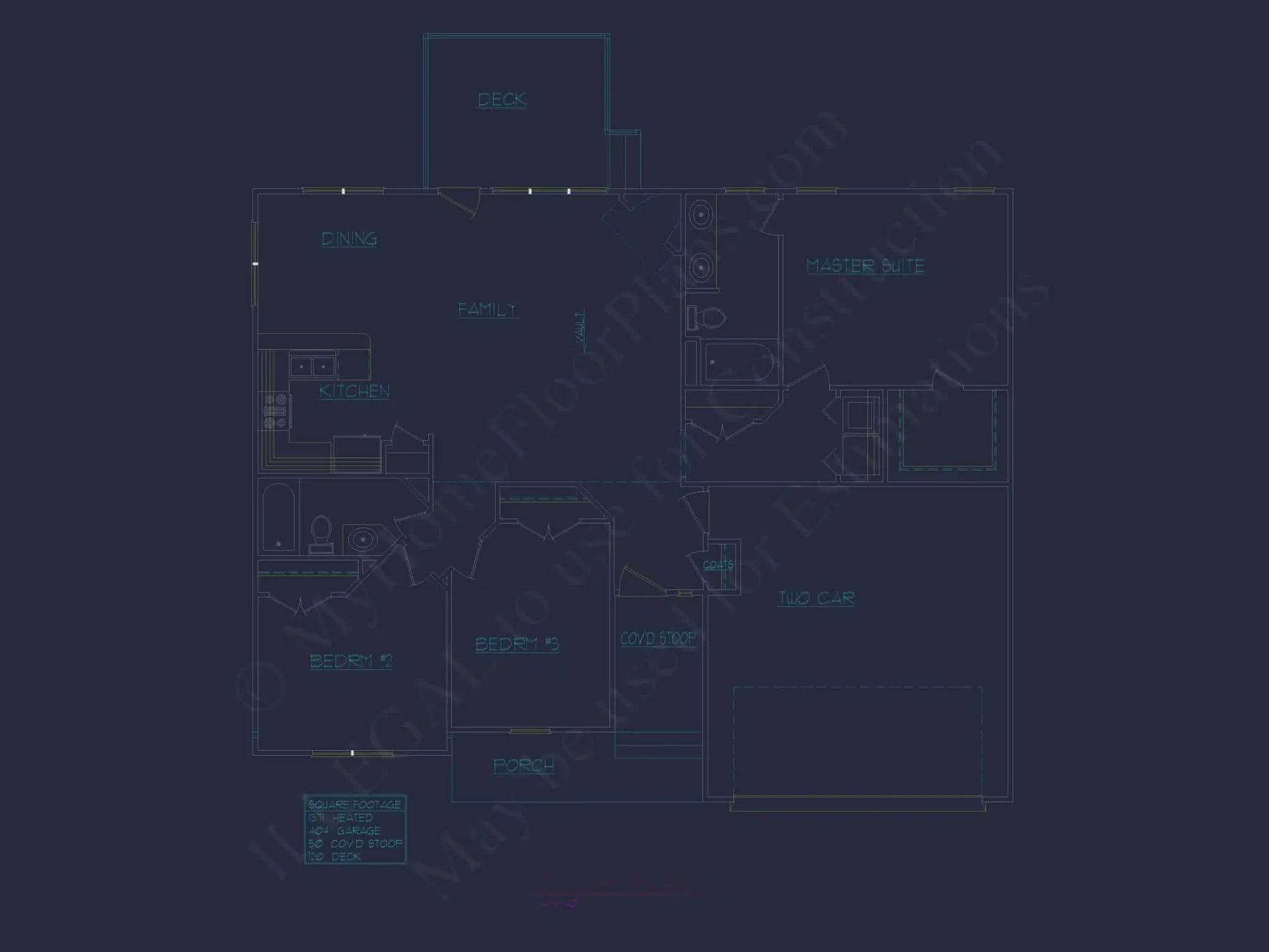 Ranch Home Floor Plan 3-Bed, 2-Bath CAD Designs