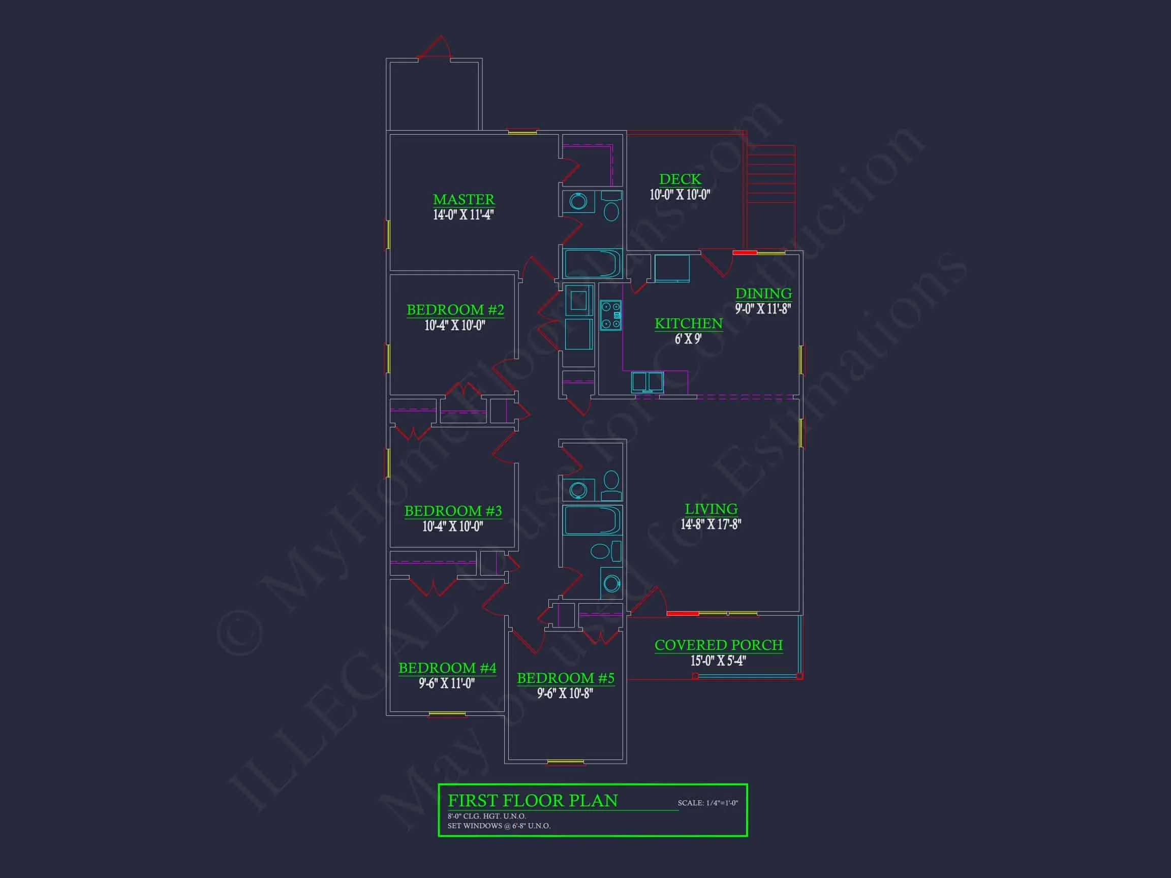 14-1580 HOUSE PLAN - Traditional Ranch House Plan with CAD Blueprint and Design 5 Charming 1-Story Traditional Ranch House Plan with 5 Bedrooms
