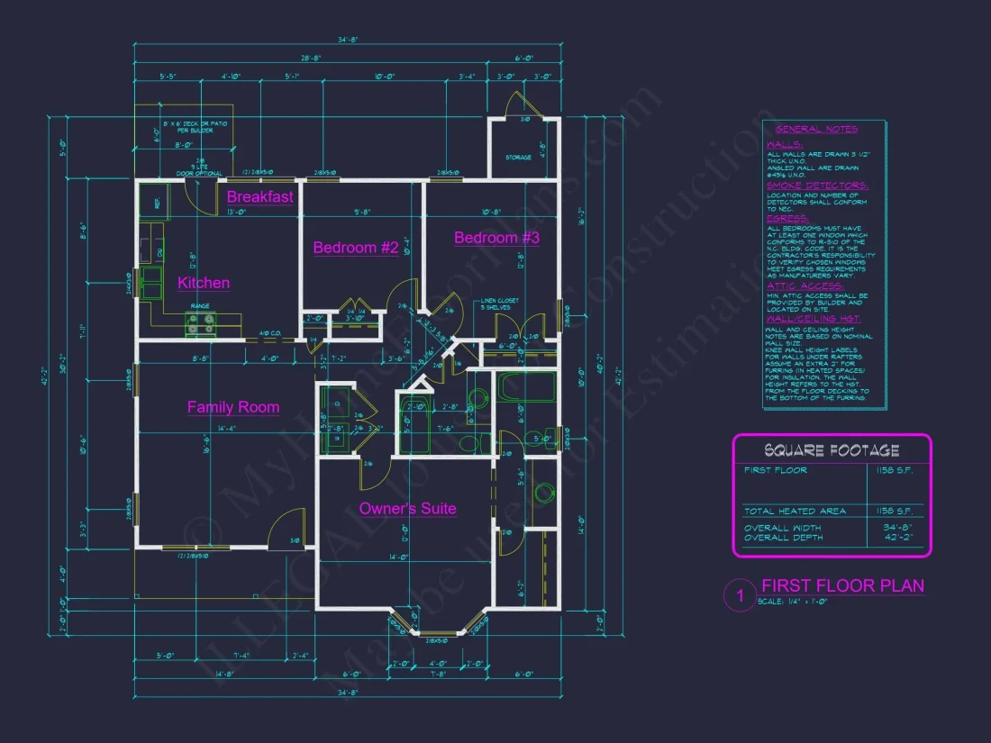 Charming 1-Story House Plan with 3 Bedrooms and Efficient CAD Designs