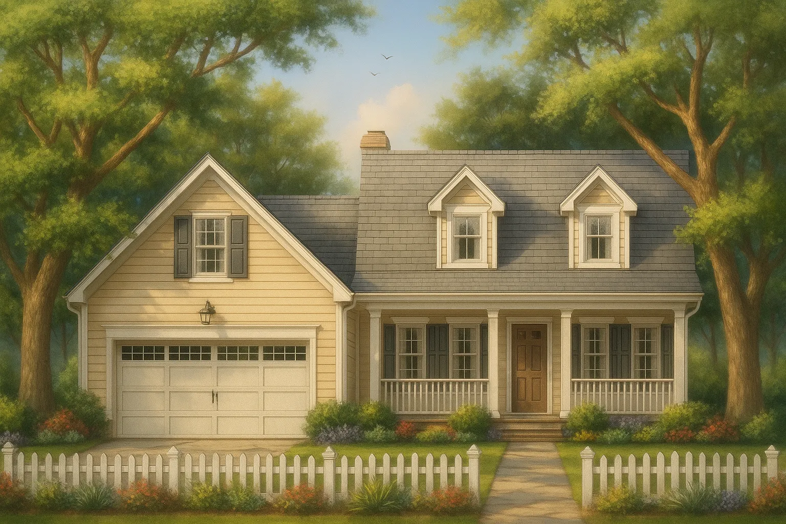 Front view of a Cape Cod Traditional style home with gray shingle roof, white siding, black shutters, and a welcoming red front door.