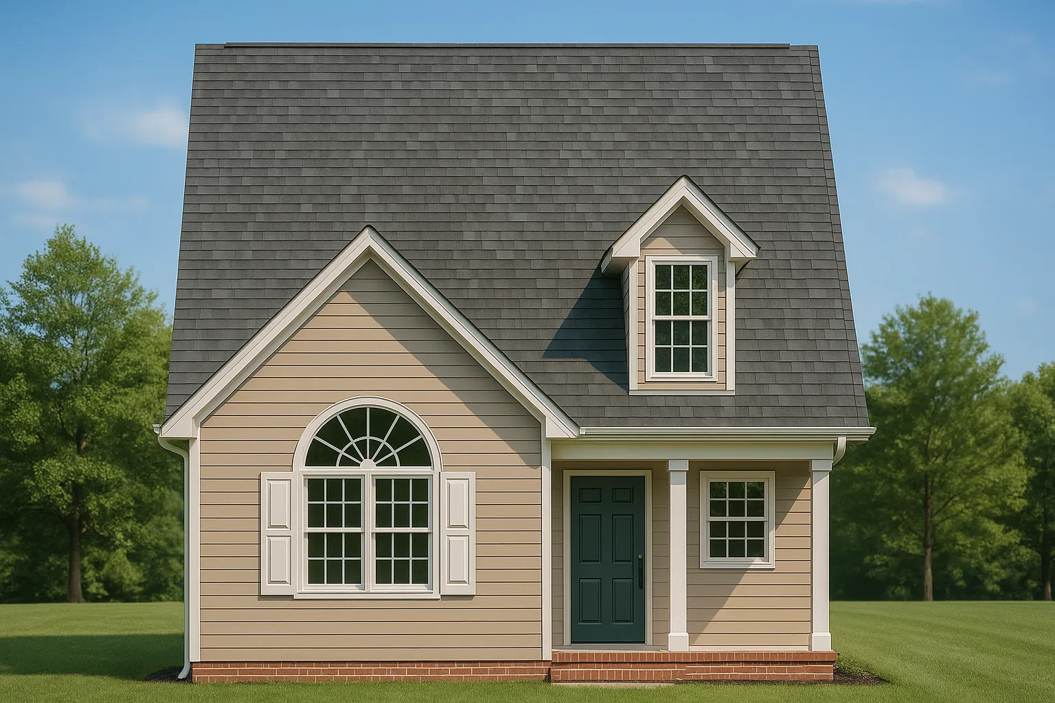 Front view of a Cape Cod Cottage style house featuring horizontal lap siding, dark shutters, and a steep roofline with a dormer window