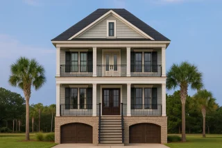 Front elevation of Charleston-style Southern home featuring stone foundation, horizontal siding, and double stacked porches with symmetrical design