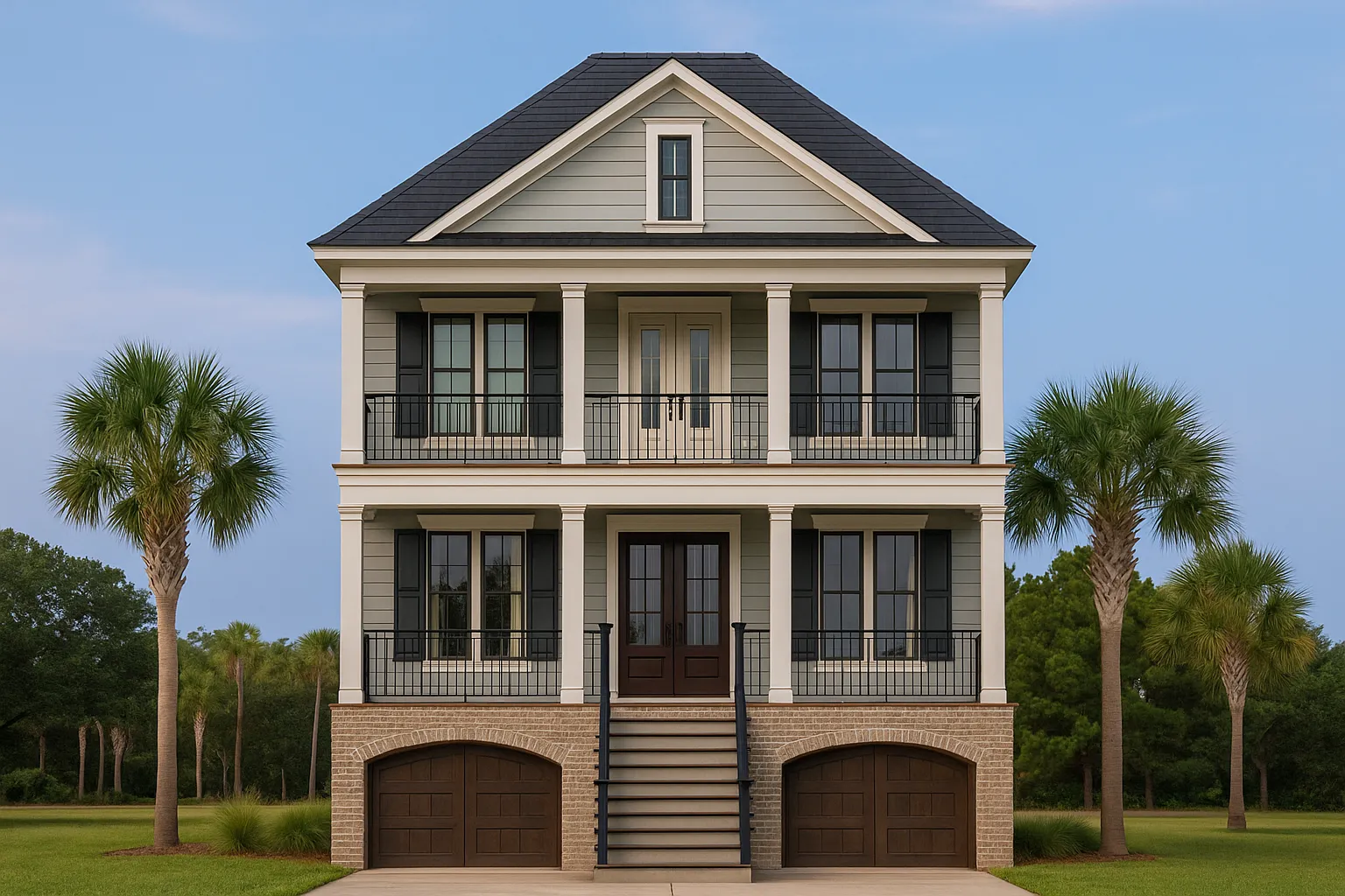 Front elevation of Charleston-style Southern home featuring stone foundation, horizontal siding, and double stacked porches with symmetrical design