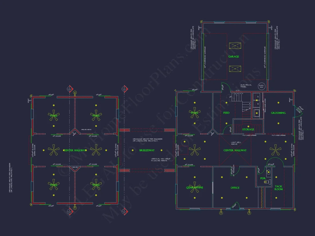 Horse Stable House Plan with 4-Bay Garage & Breezeway