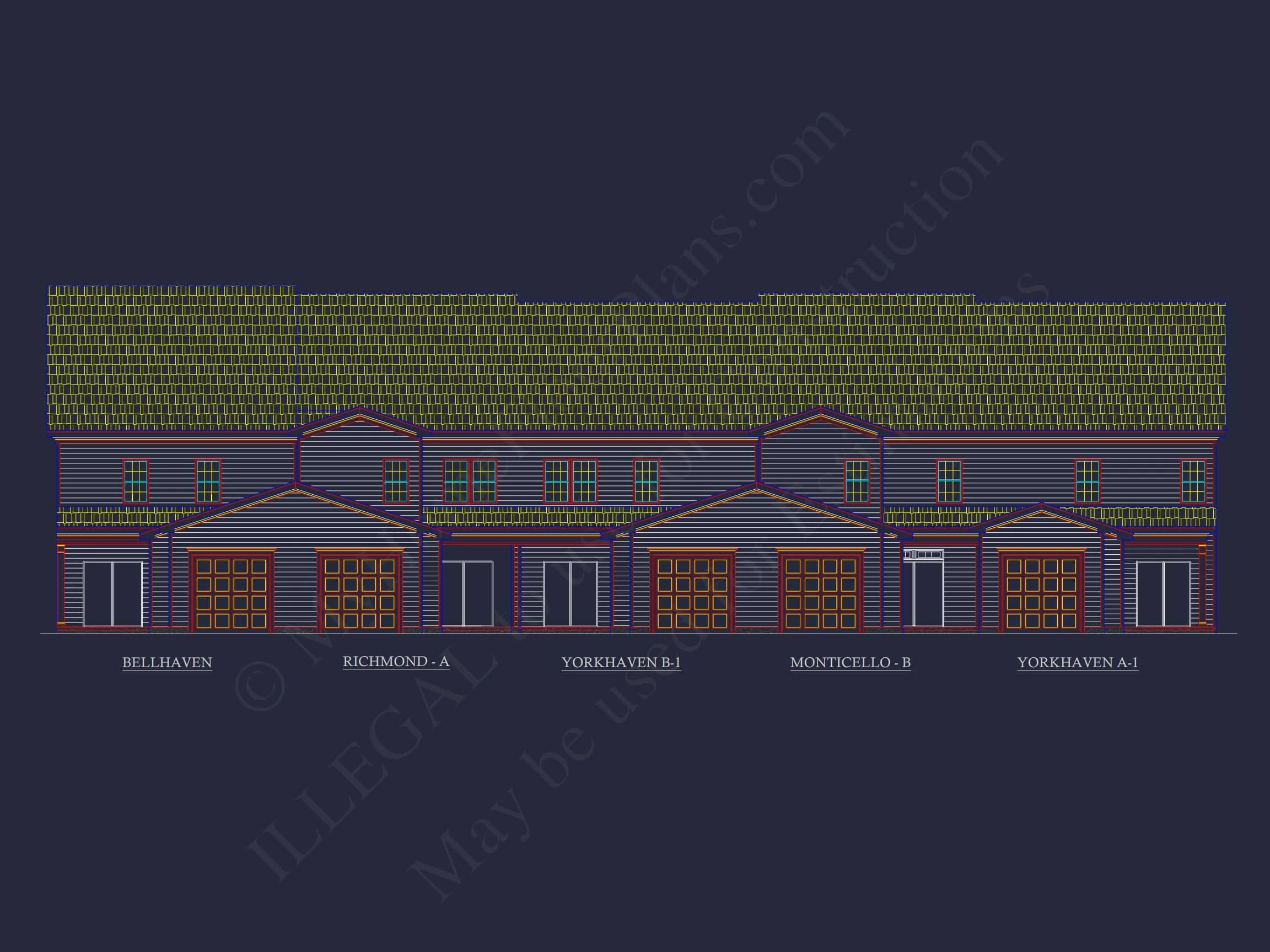8-1395 BLDG 6 TOWNHOUSE PLAN - 5-Unit Colonial Revival Townhome Plan – 4 Beds per Unit 3 Traditional Townhome Floor Plan with Colonial Revival Design