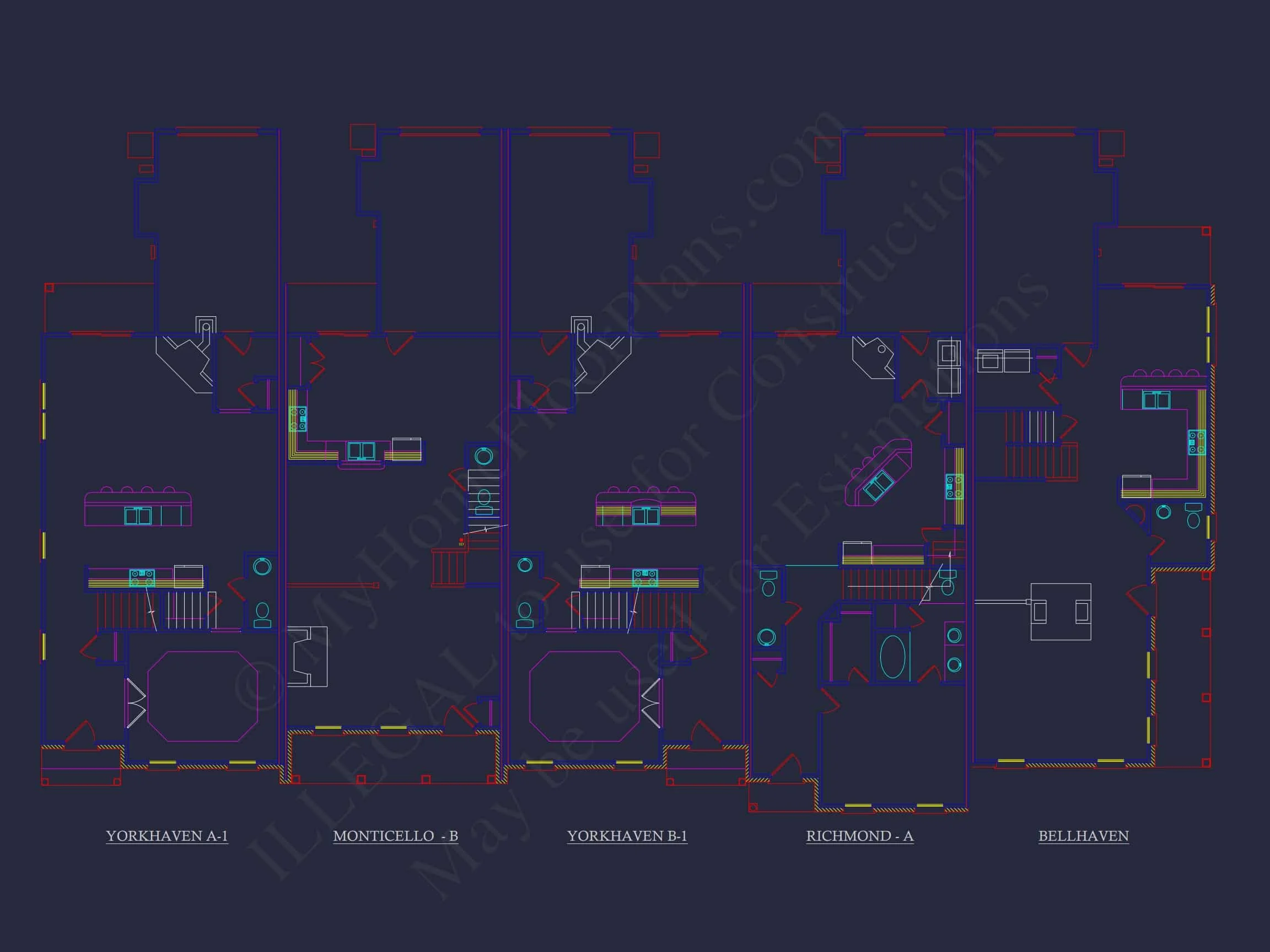 8-1395 BLDG 6 TOWNHOUSE PLAN - 5-Unit Colonial Revival Townhome Plan – 4 Beds per Unit 25 Traditional Townhome Floor Plan with Colonial Revival Design