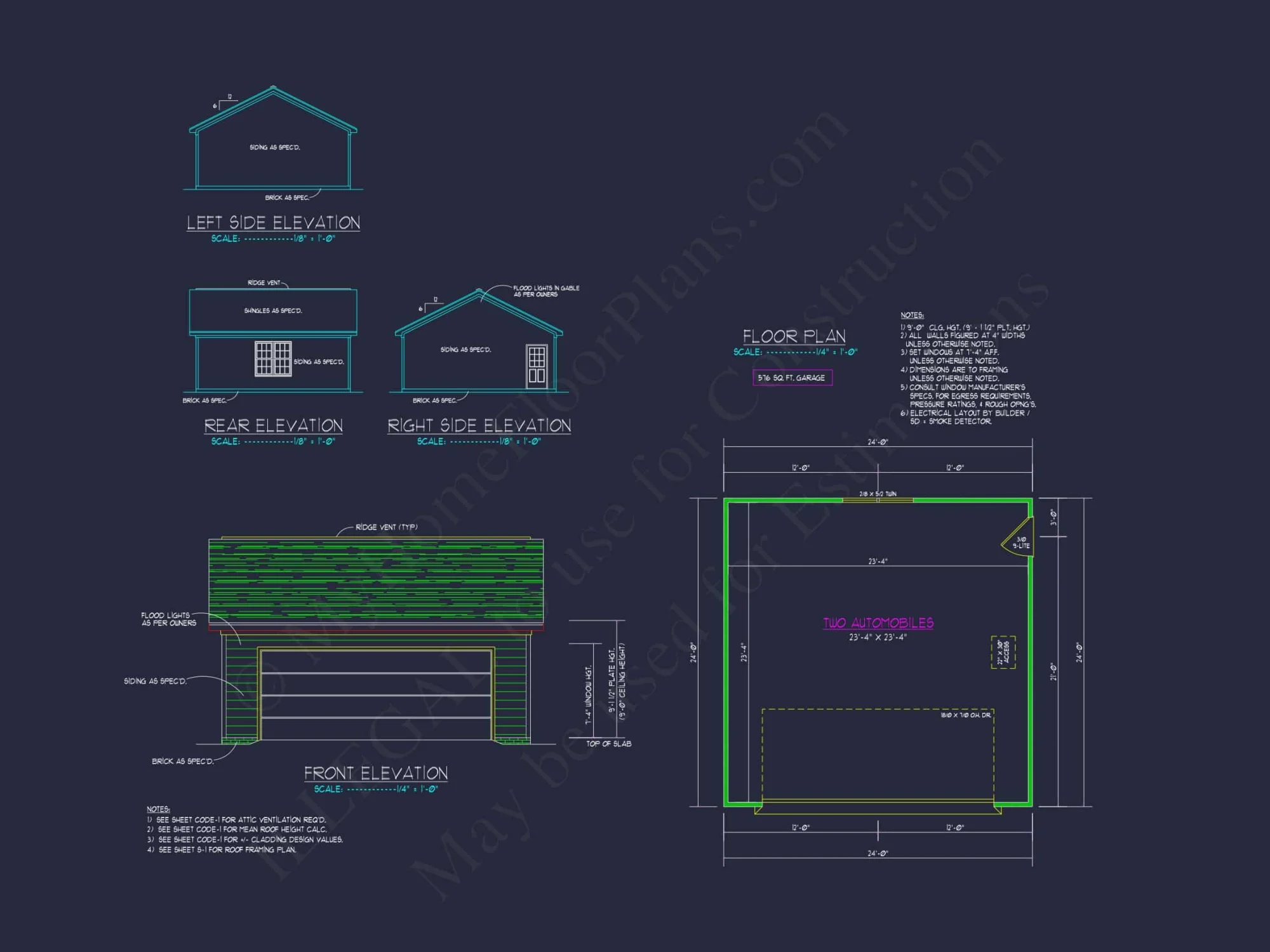 576 Sq. Ft. Garage House Plan with Brick Siding and Front Entry