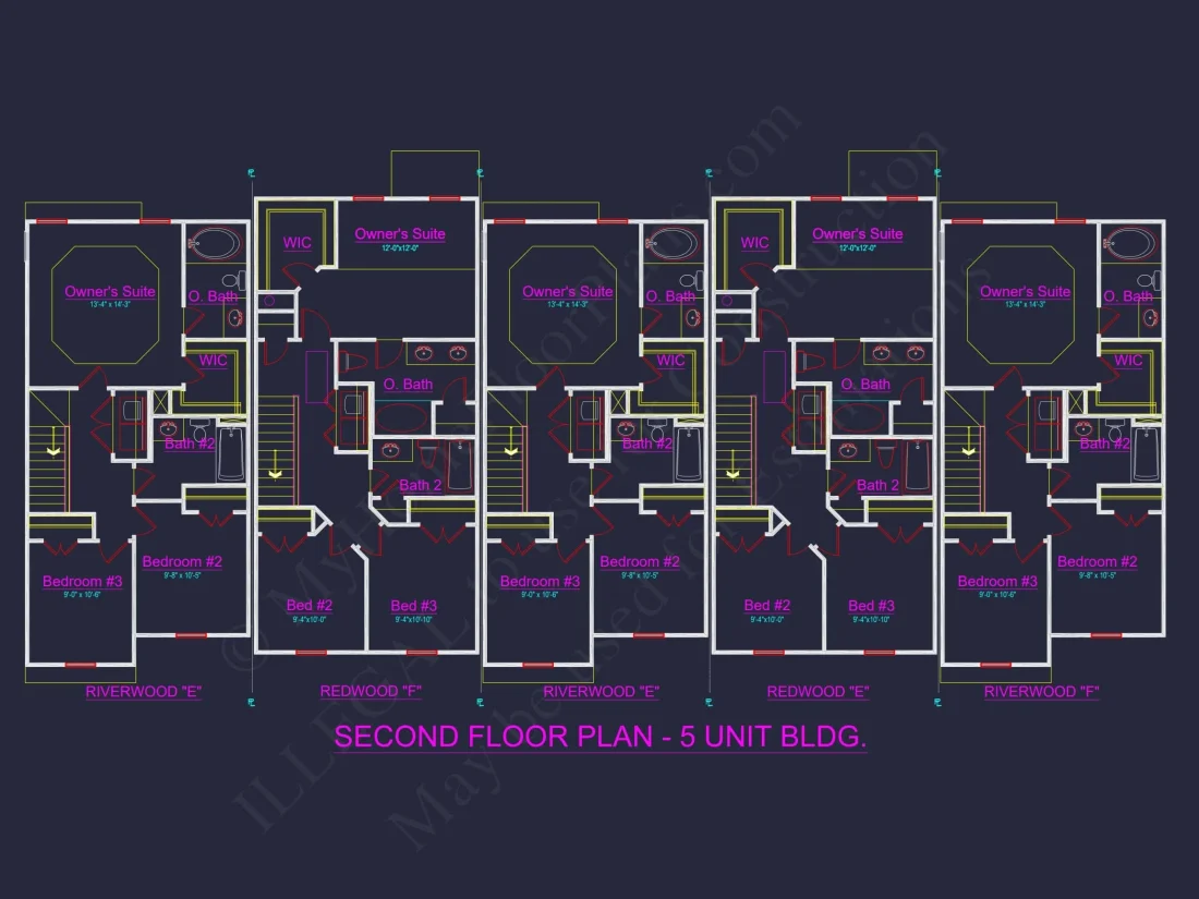 Elegant 5-Unit Townhome Plan with Open Layout and Vaulted Ceilings