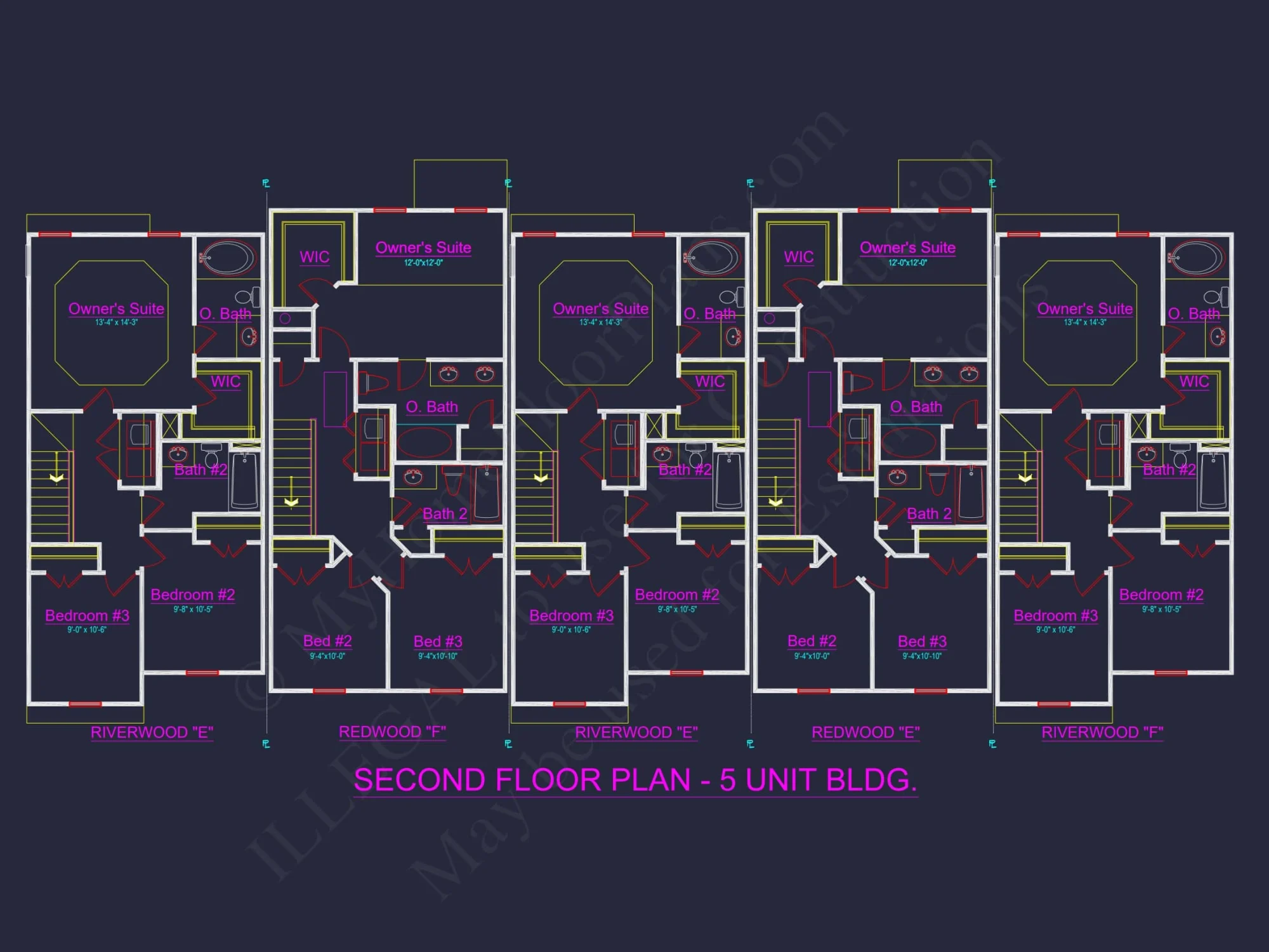 Elegant 5-Unit Townhome Plan with Open Layout and Vaulted Ceilings