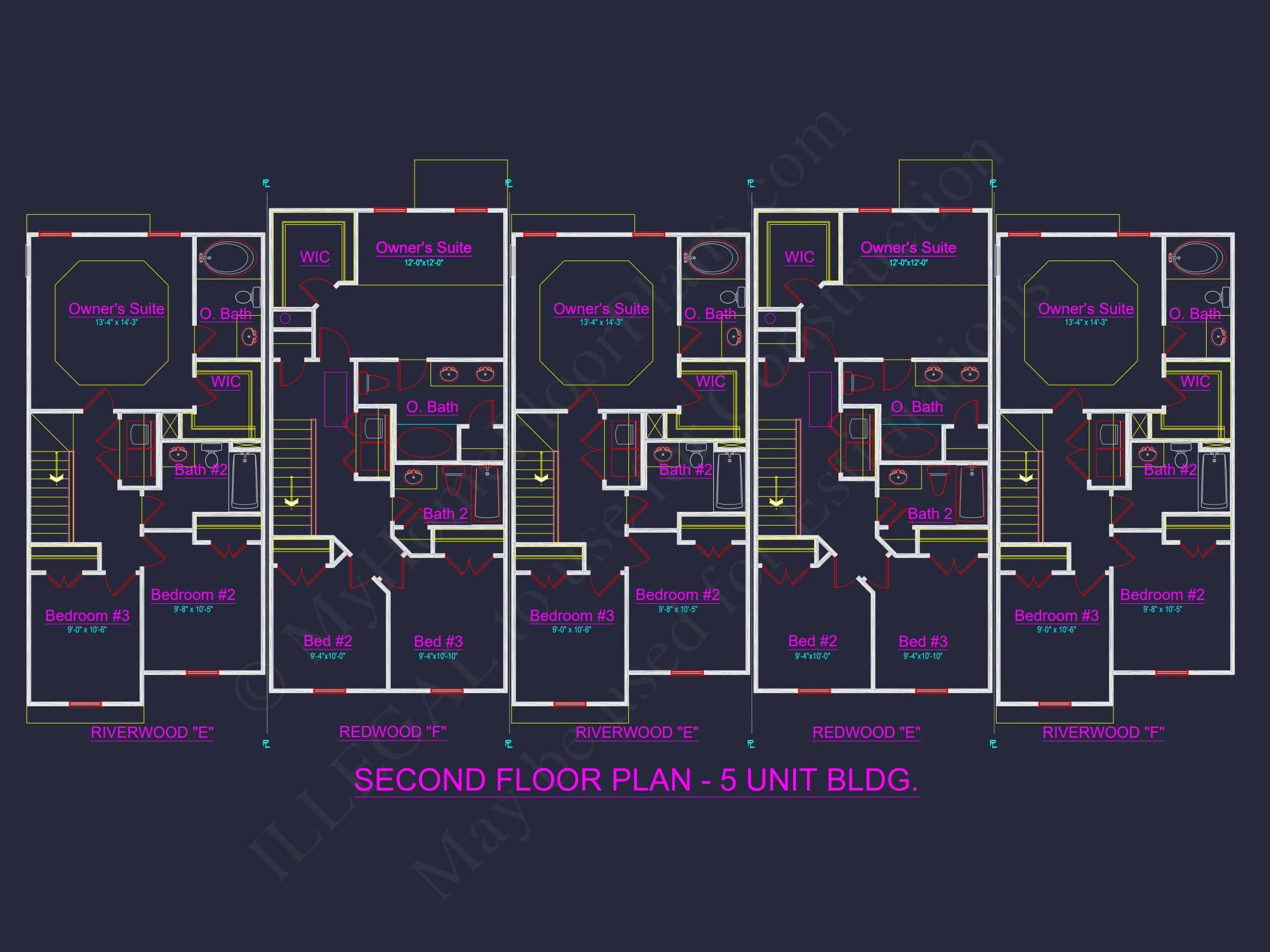 7-1947B 5-UNIT TOWNHOUSE PLAN - Traditional Colonial Home Plan - 3-Bed, 2.5-Bath, 1,571 SF 8 Elegant 5-Unit Townhome Plan with Open Layout and Vaulted Ceilings