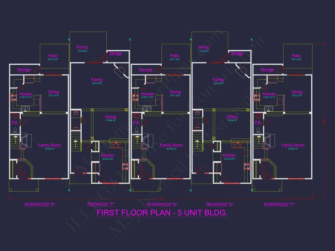 Elegant 5-Unit Townhome Plan with Open Layout and Vaulted Ceilings