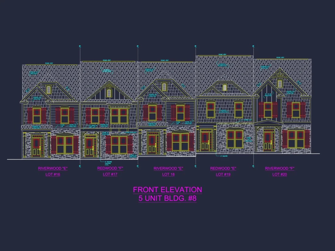 Elegant 5-Unit Townhome Plan with Open Layout and Vaulted Ceilings