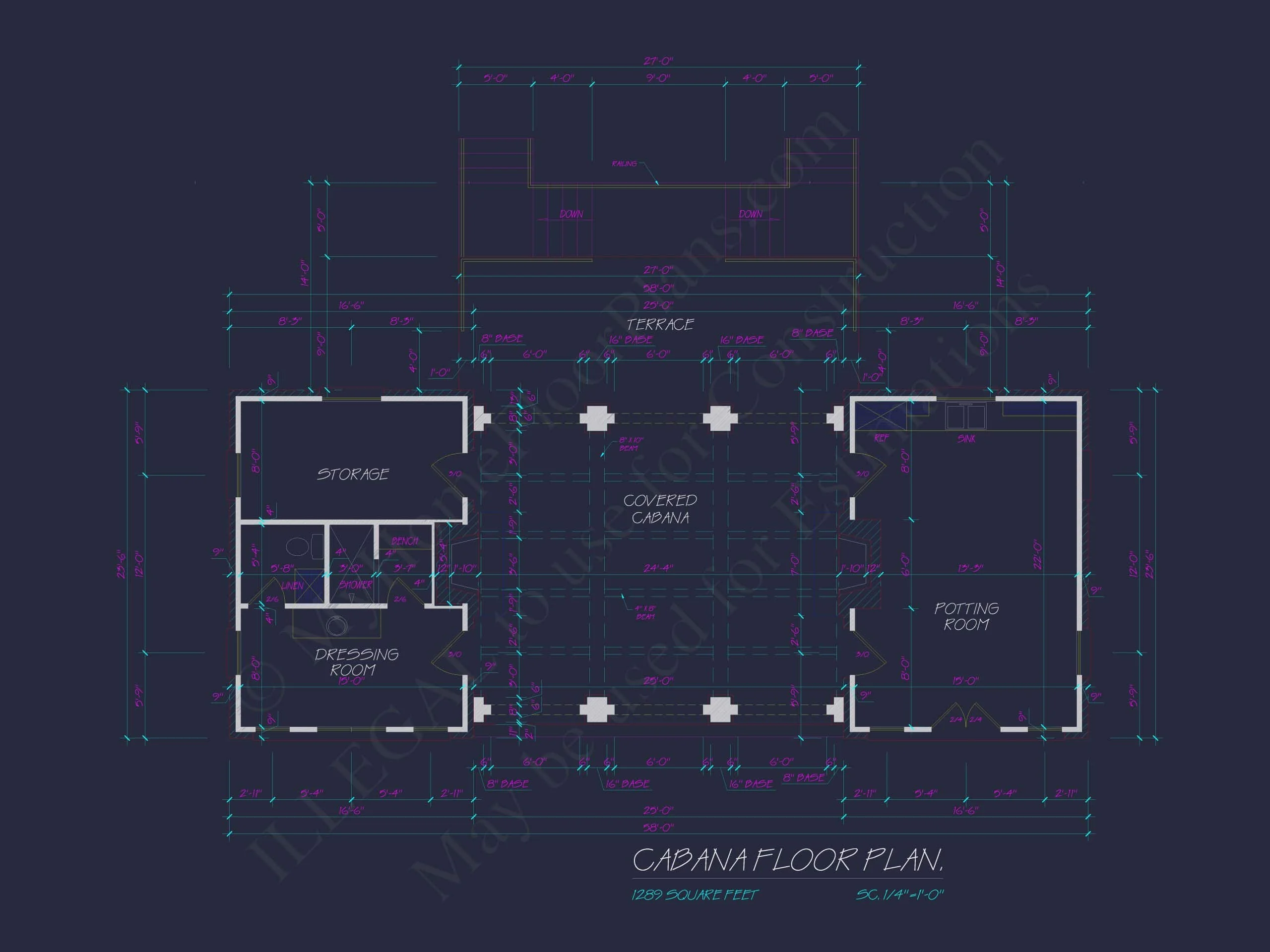 10-7777 POOL HOUSE PLAN - Pool House Plans & Blueprints | 1239 Sq Ft Cabana CAD Designs 4 Luxury Pool House Plan with Covered Terrace & Open Layout