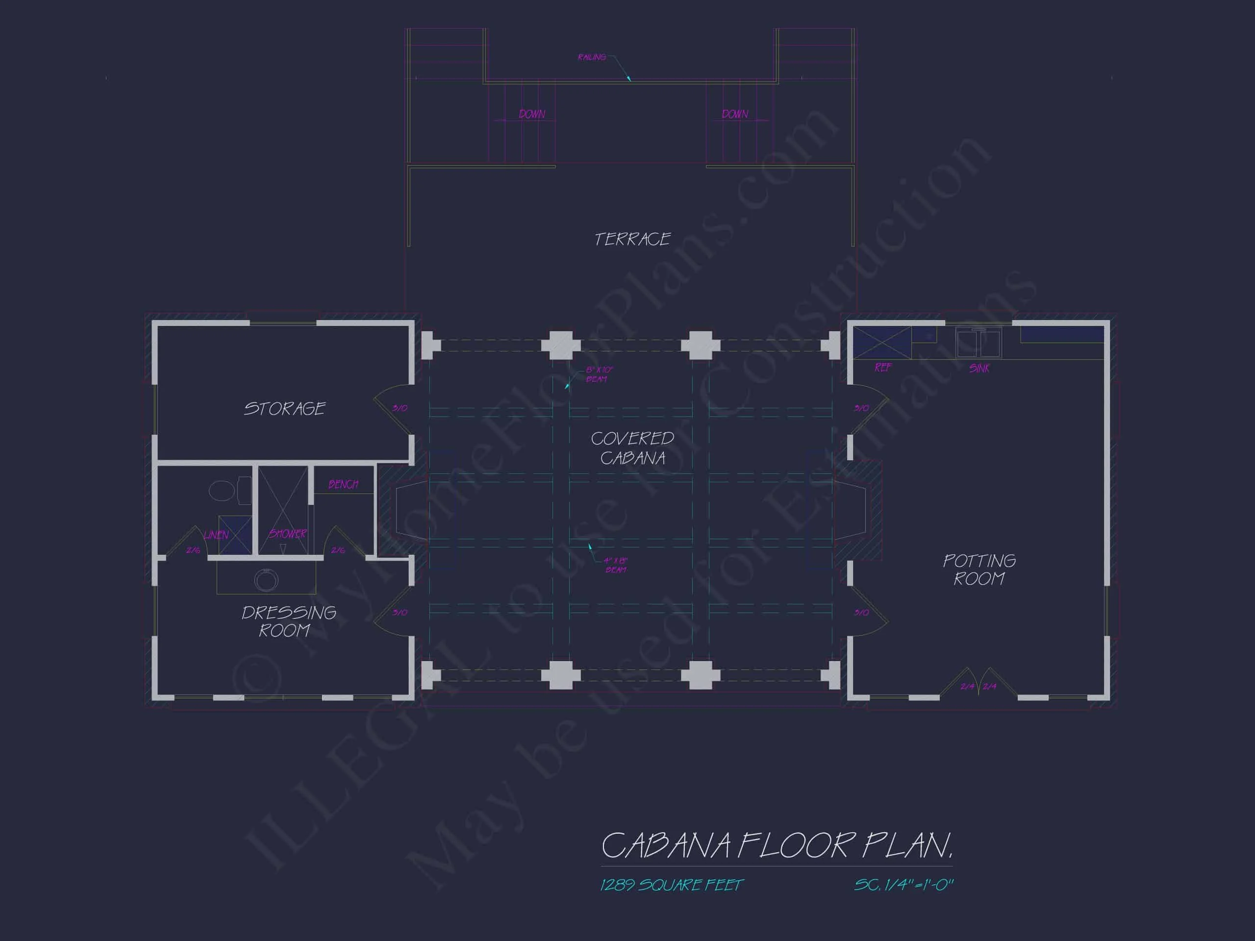 10-7777 POOL HOUSE PLAN - Pool House Plans & Blueprints | 1239 Sq Ft Cabana CAD Designs 5 Luxury Pool House Plan with Covered Terrace & Open Layout