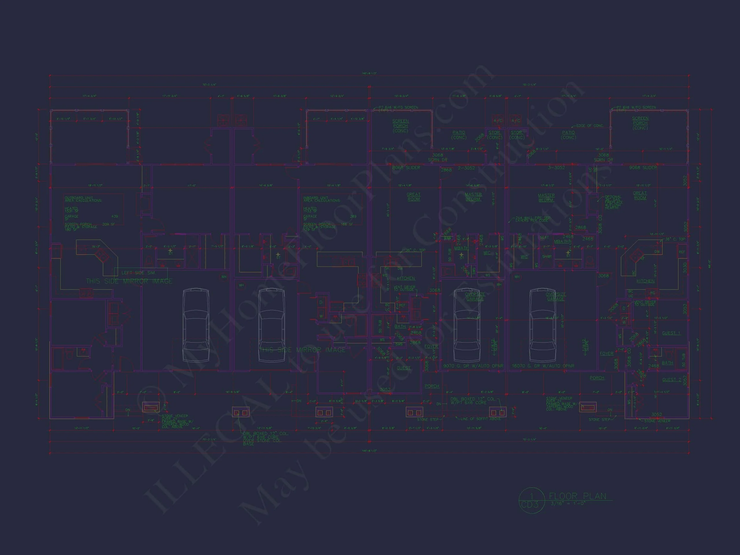 11-1773 4-UNIT TOWNHOUSE PLAN - Architectural House Blueprint - 4-Unit Townhouse Floor Plan Designs 8 4-Unit Townhome Floor Plan with Open Layout and Craftsman Design