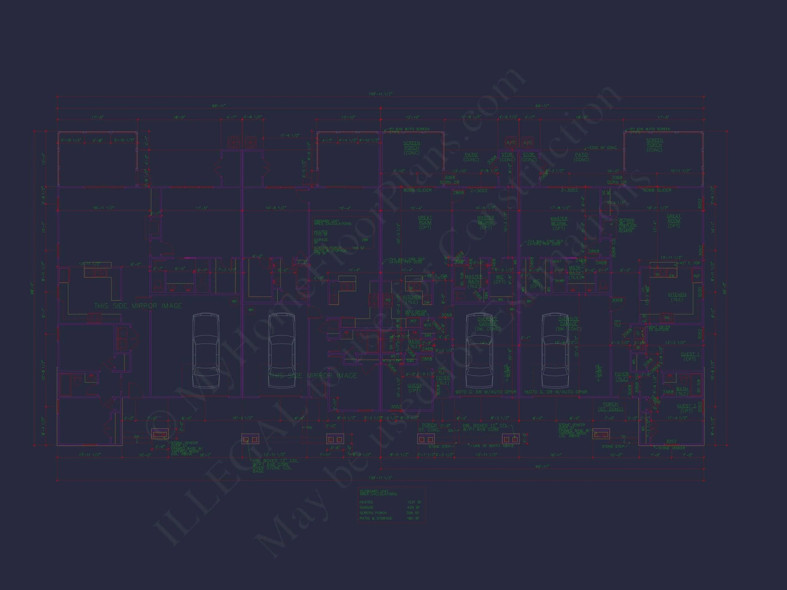 11-1773 4-UNIT TOWNHOUSE PLAN - Architectural House Blueprint - 4-Unit Townhouse Floor Plan Designs 19 4-Unit Townhome Floor Plan with Open Layout and Craftsman Design