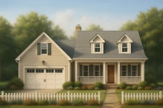 Front view of a Cape Cod Traditional style home with gray shingle roof, white siding, black shutters, and a welcoming red front door.
