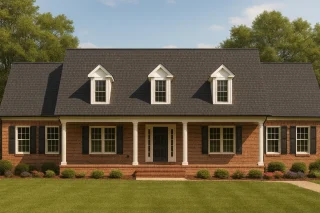 Front view of a Colonial Cape Cod style home featuring a full-width porch, red brick exterior, black shutters, and three dormers across a dark shingled roof.