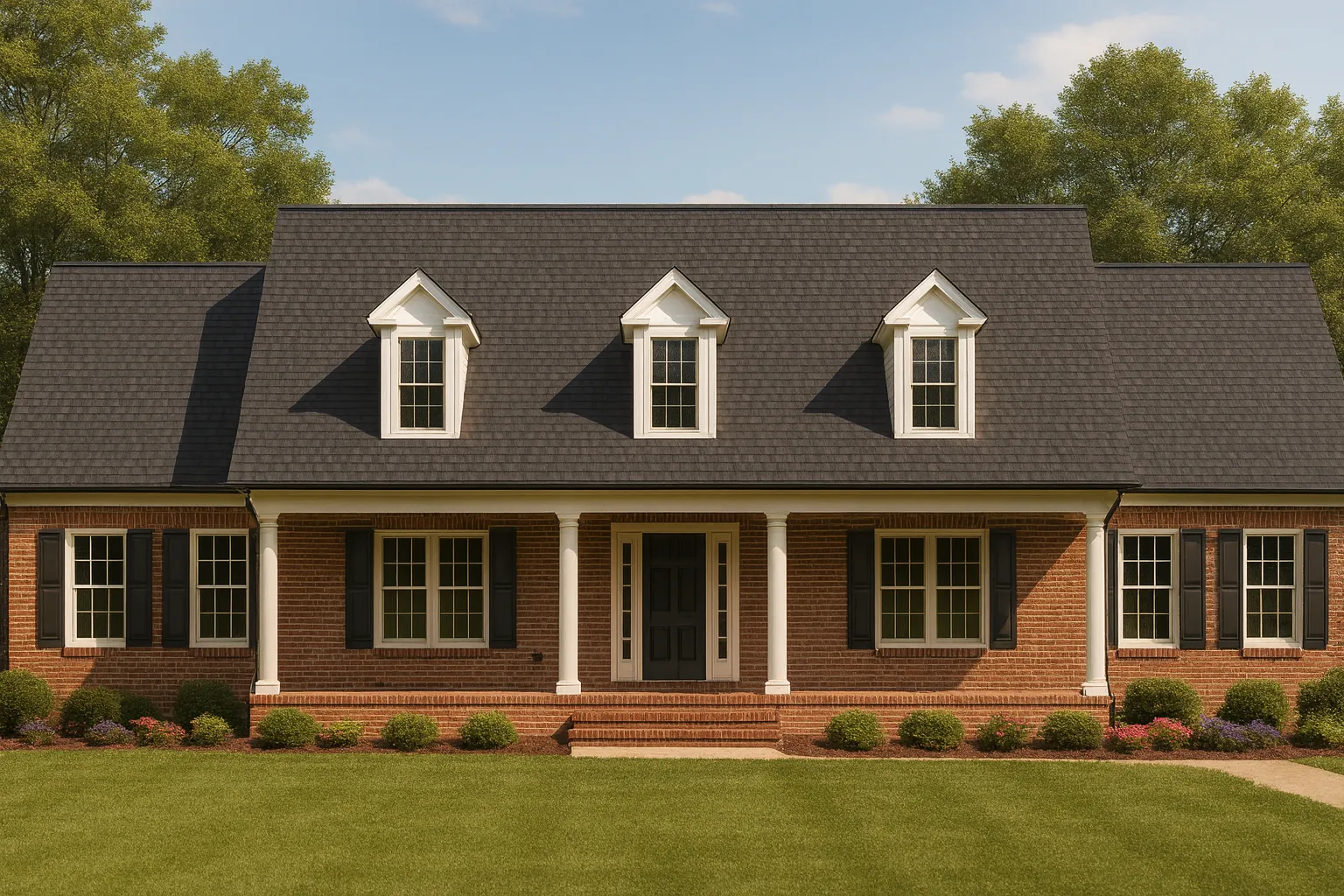Front view of a Colonial Cape Cod style home featuring a full-width porch, red brick exterior, black shutters, and three dormers across a dark shingled roof.