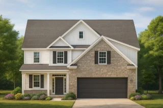 Front elevation of a Traditional Modern Farmhouse featuring stone facade, board-and-batten siding, and two-car garage with dark doors