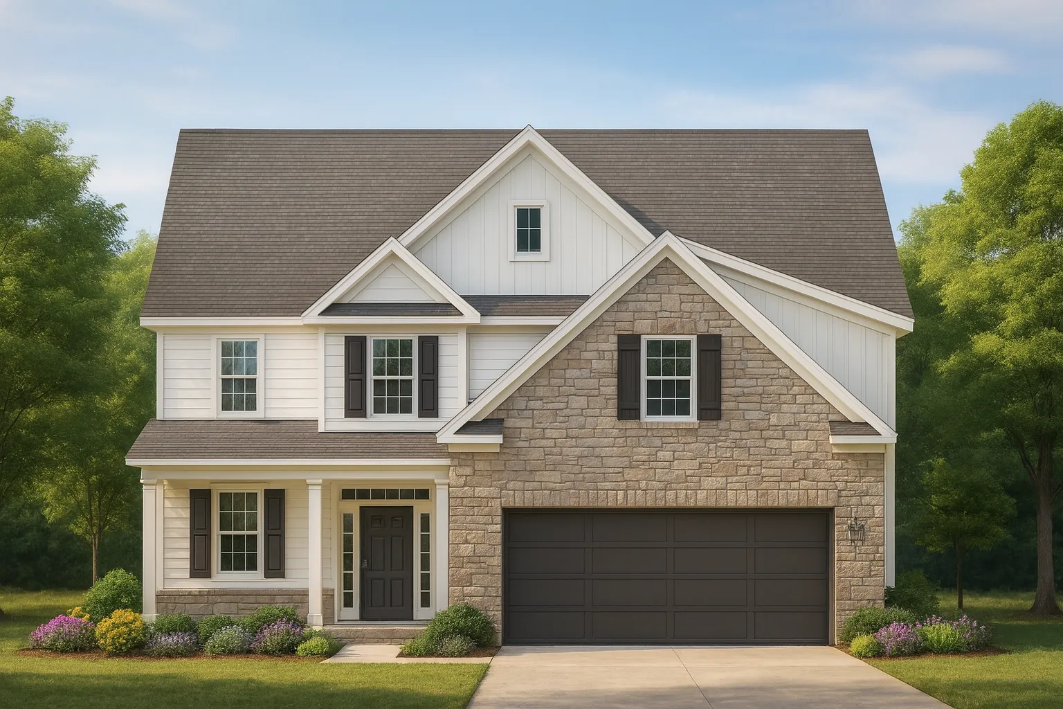Front elevation of a Traditional Modern Farmhouse featuring stone facade, board-and-batten siding, and two-car garage with dark doors