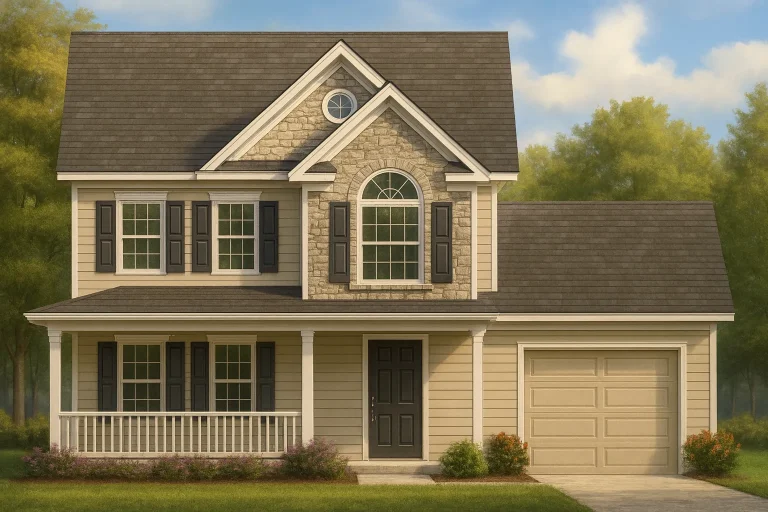 Front elevation of a Traditional Colonial style house featuring horizontal siding, stone accents, and a symmetrical façade with black shutters and covered porch