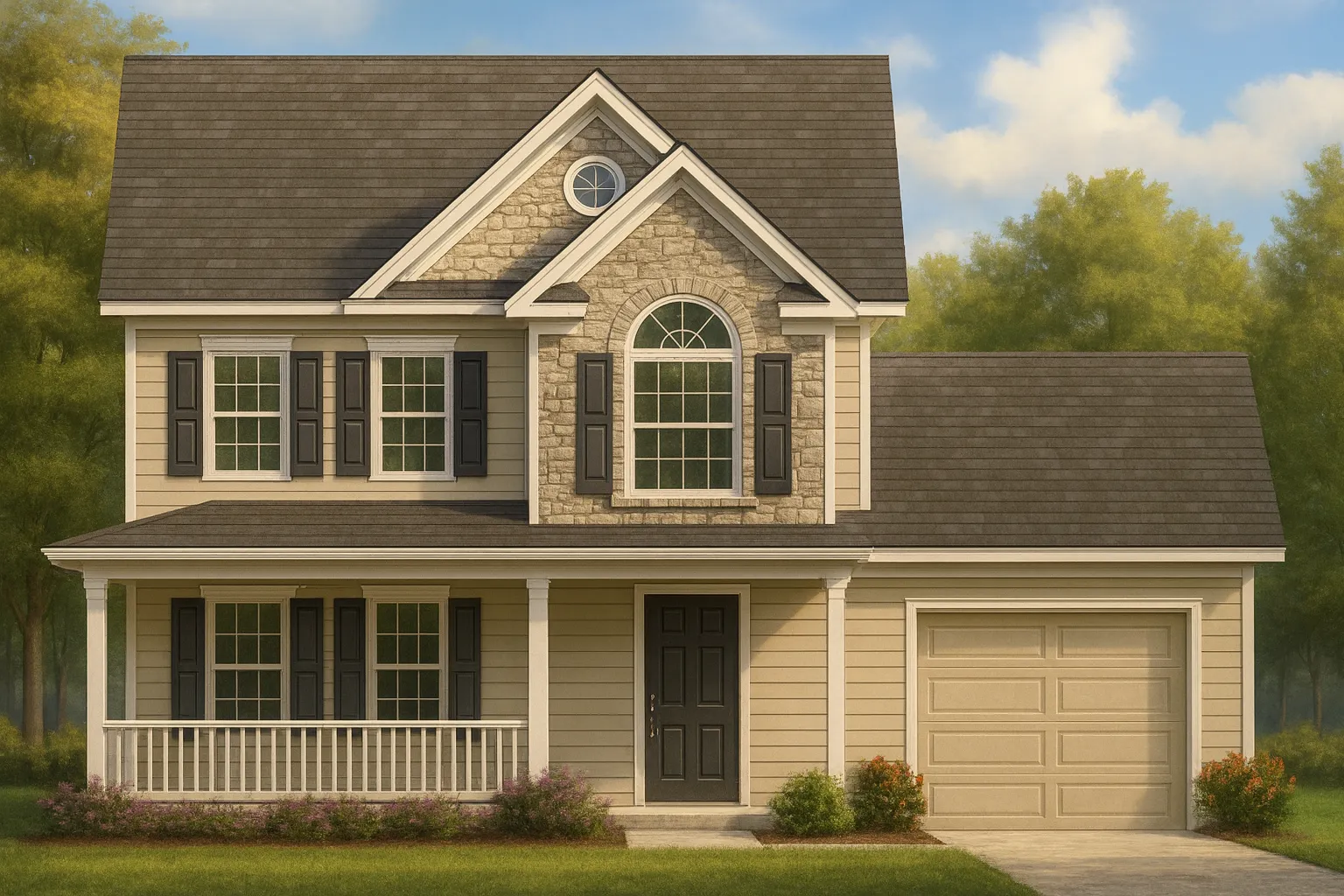 Front elevation of a Traditional Colonial style house featuring horizontal siding, stone accents, and a symmetrical façade with black shutters and covered porch