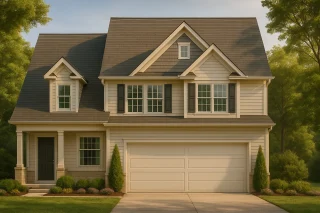 Front elevation of a Traditional Colonial style house with New American design influence, featuring horizontal siding, gabled rooflines, and a two-car garage