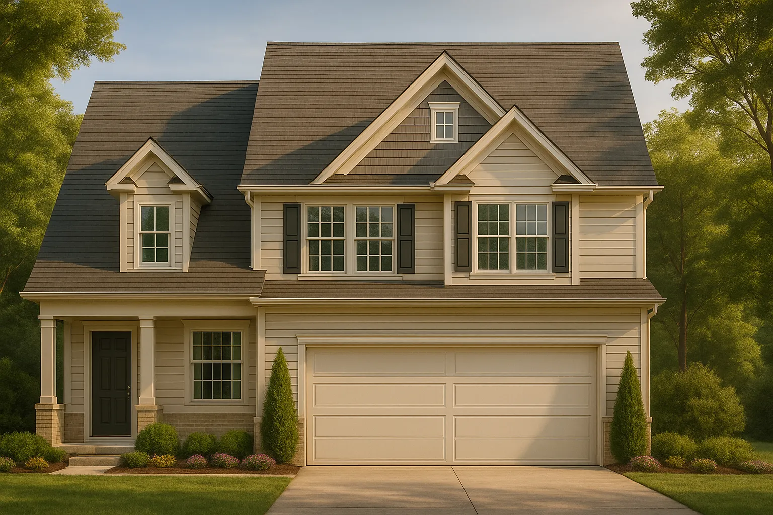 Front elevation of a Traditional Colonial style house with New American design influence, featuring horizontal siding, gabled rooflines, and a two-car garage