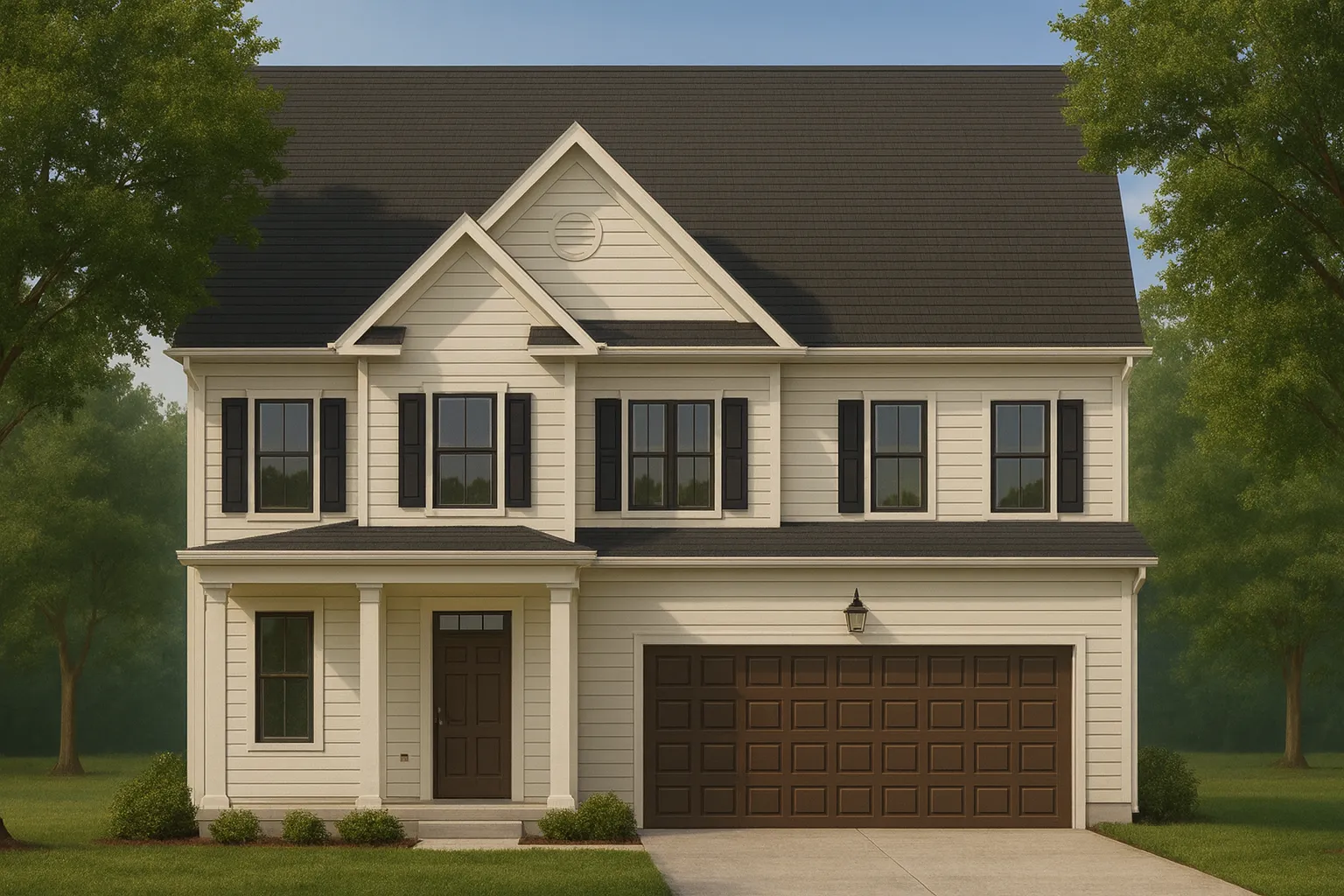 Front view of a Traditional Colonial style home featuring horizontal siding, black shutters, and a two-car garage with dark wood doors.