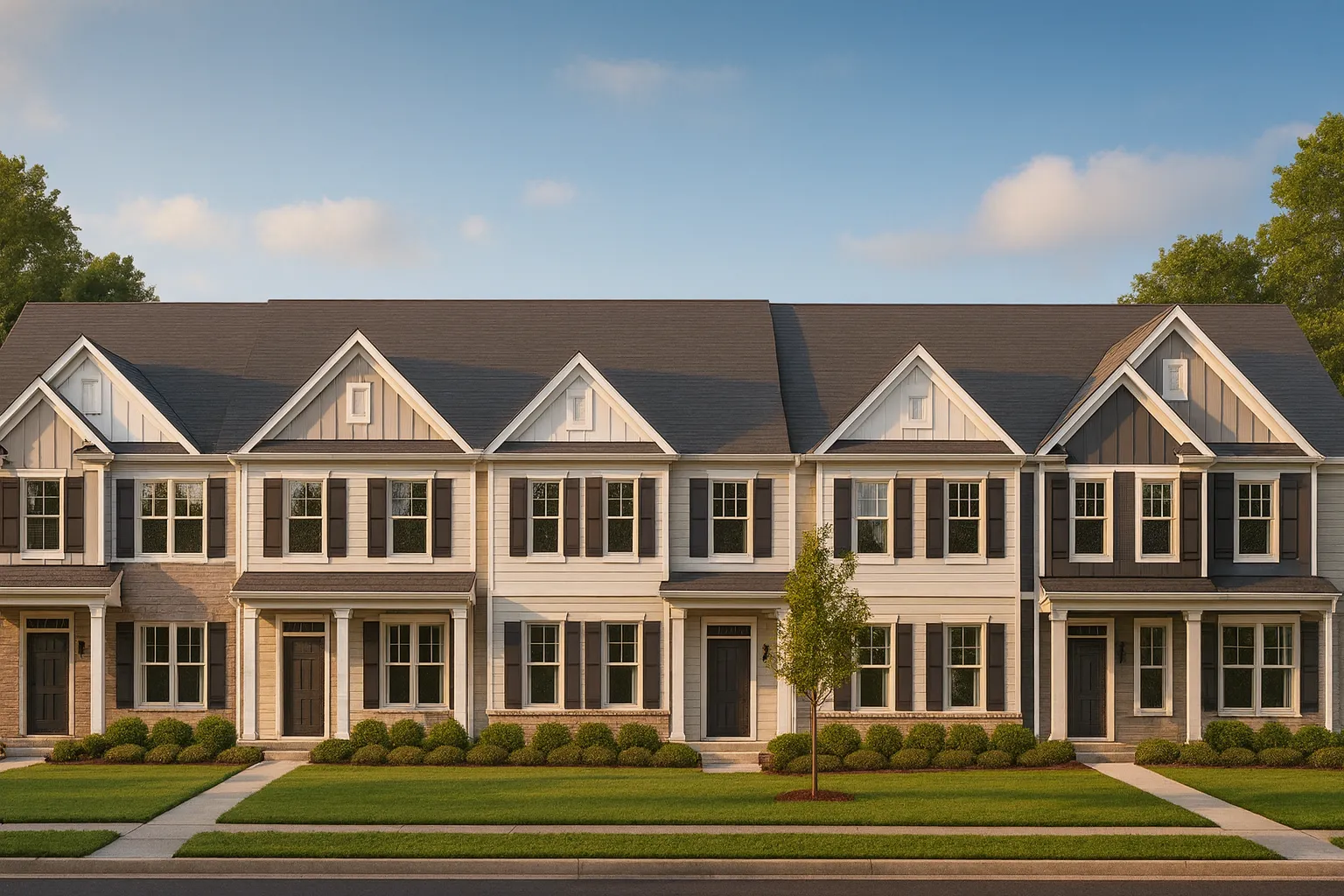 Front elevation of a traditional townhouse row featuring white siding, dark shutters, gable roofs, and stone-accented entryways