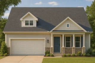 Front view of a Traditional Suburban Cape Cod style house featuring a balanced mix of stone wainscoting, lap siding, and shingle gable accents with a welcoming front porch and dormer window.