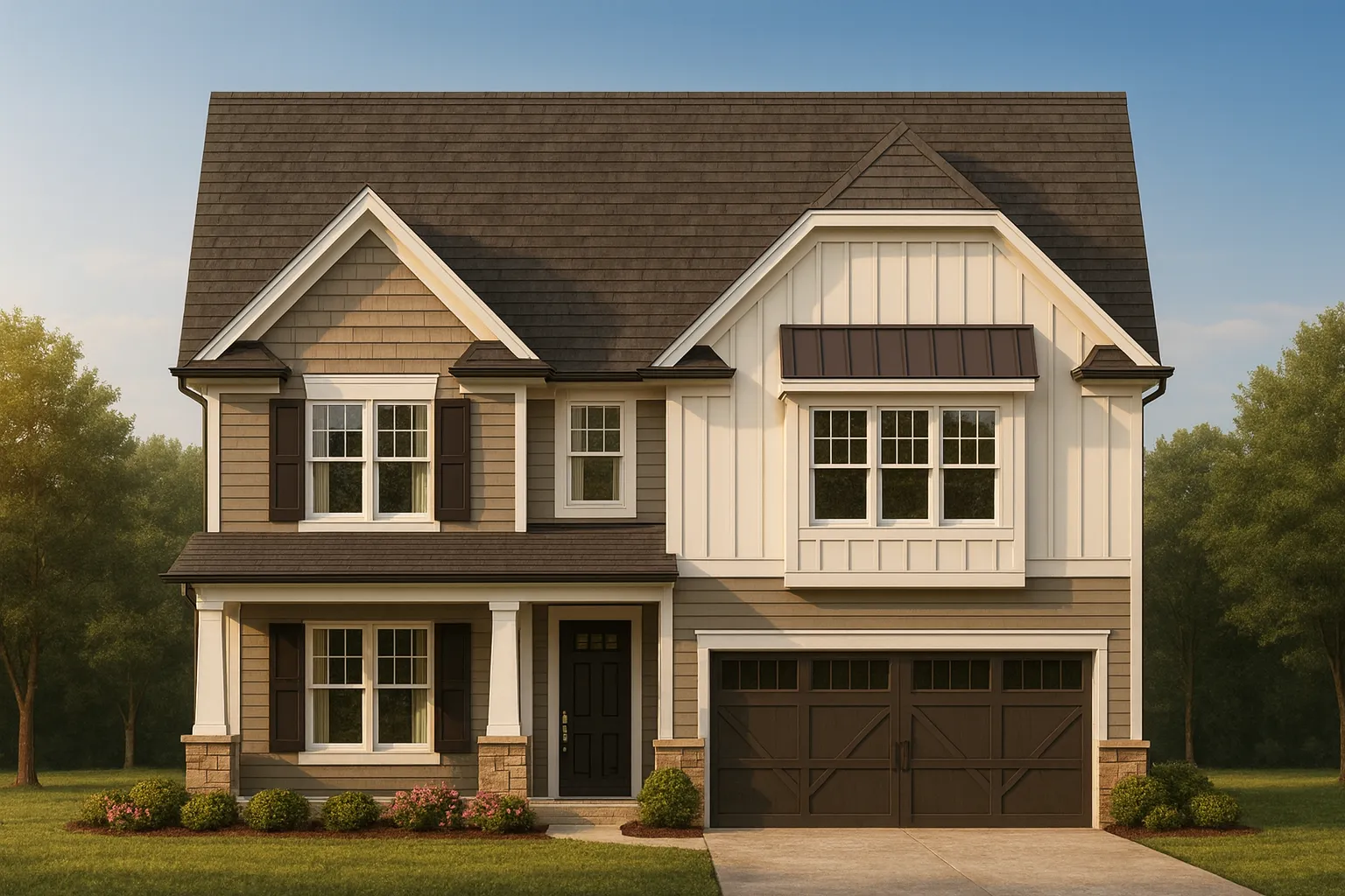 Front view of a Modern Farmhouse style home featuring board and batten siding, stone accents, and traditional Craftsman detailing with a gabled roofline.